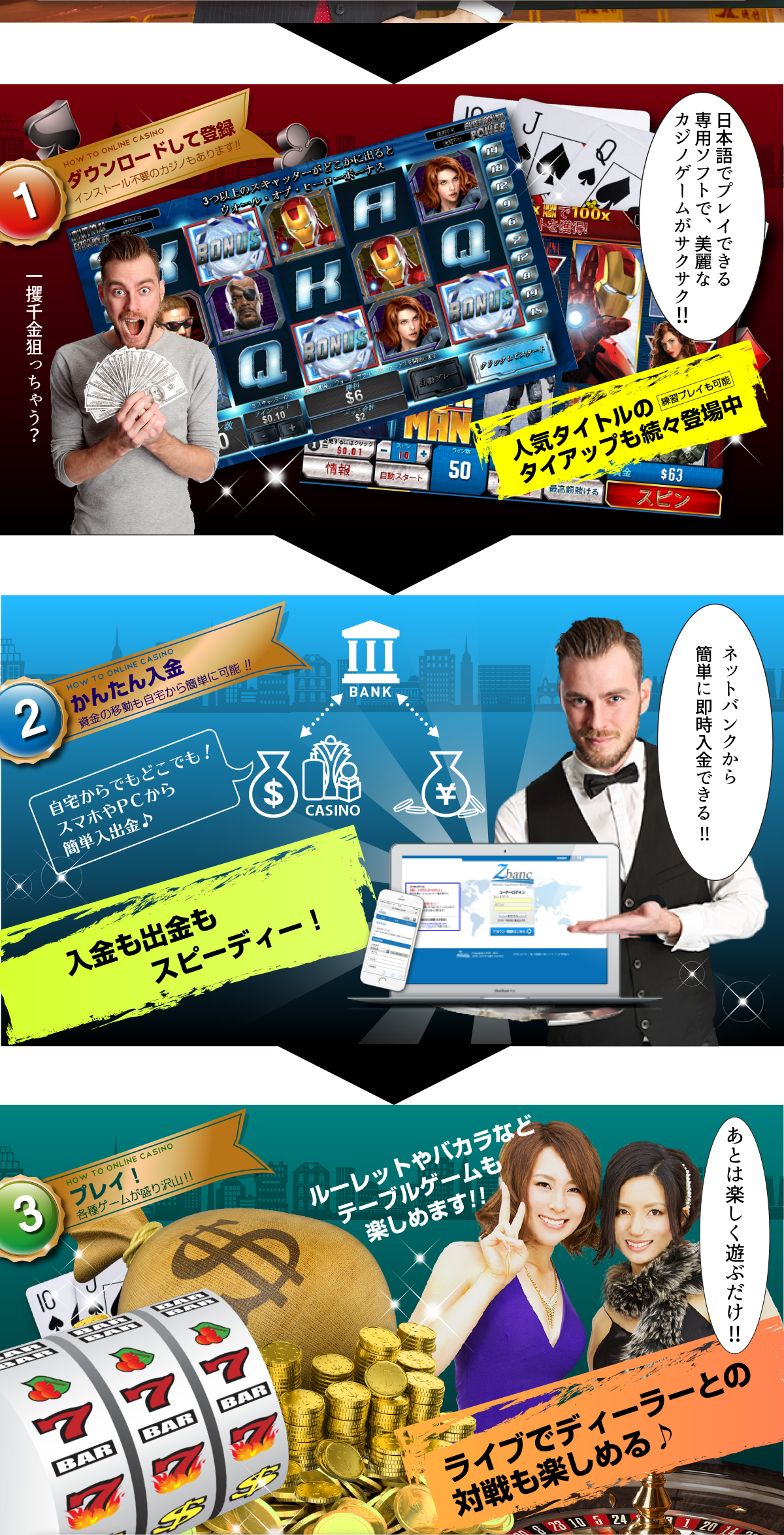 日本語でプレイできる専用ソフト、ネットバンクから簡単即時入金